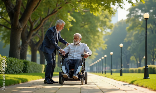 A caregiver is actively assisting an elderly man in a serene park setting under the sun