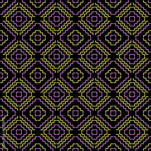 India stitch Kasuti embroidery abstract artwork seamless geometric pattern printed background fabric wallpaper hand drawn line colorful black ethnic

