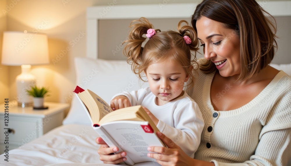 Mother reading bedtime story to daughter in cozy room, warmth and bonding Mother reading bedtime story to daughter in cozy room, warmth and bonding