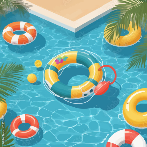 Swimming pool vector illustration. Summer party banner with swim rings, float, aquatic texture and palms leaves. Holidays, travel and vacation card for spa, aqua centers designs and advertising.