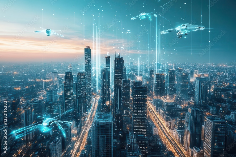 Fototapeta premium futuristic megacity illuminated by holographic advertisements, flying vehicles weaving between crystalline skyscrapers under aurora-filled sky