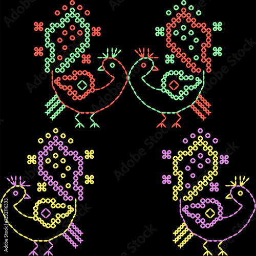 India stitch Kasuti embroidery abstract artwork seamless geometric pattern printed background fabric wallpaper hand drawn line colorful black ethnic

