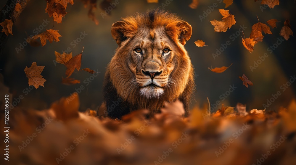 Fototapeta premium Majestic lion autumn leaves forest wildlife nature
