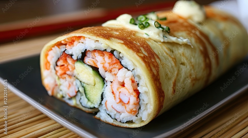 A sushi burrito wrapped in a giant pancake, blending two cuisines. A sushi burrito wrapped in a giant pancake, blending two cuisines.
