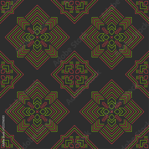 India stitch Kasuti embroidery abstract artwork seamless geometric pattern printed background fabric wallpaper hand drawn line colorful black ethnic

