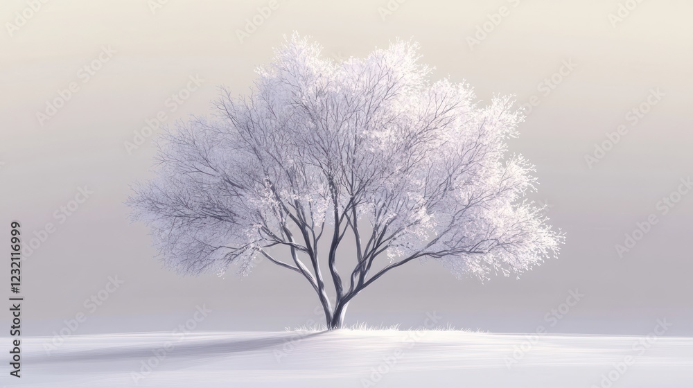 Frosty winter tree in snowy field, serene landscape, winter wonderland background, perfect for calm imagery Frosty winter tree in snowy field, serene landscape, winter wonderland background, perfect for calm imagery