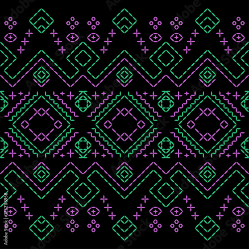 india stitch Kasuti embroidery ethnic abstract artwork seamless geometric pattern printed background fabric wallpaper hand drawn line
