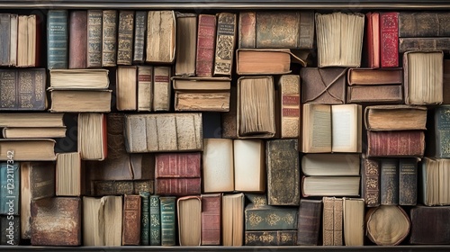 An array of antique books with loose pages against library bookshelves. Historical backdrop of aged tomes. Nostalgic aesthetic for historical and educational themes.  photo