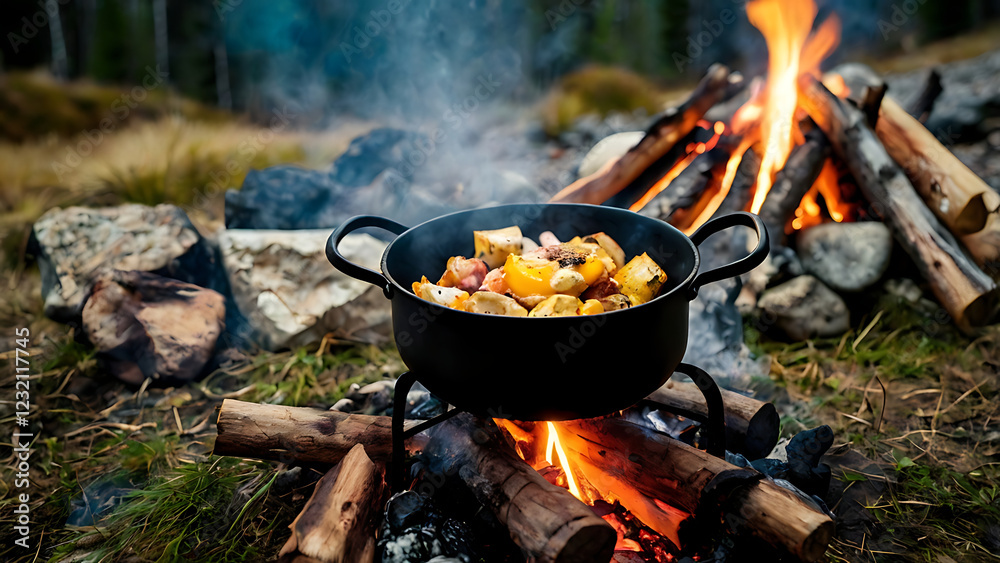 image of a camping trip with cooking over a fire. A pot hangs over a fire with wildlife all around image of a camping trip with cooking over a fire. A pot hangs over a fire with wildlife all around