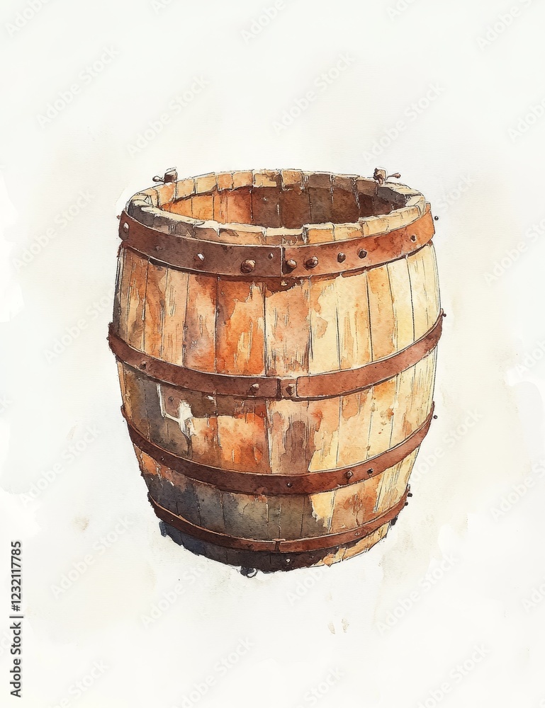 Watercolor painting of an old wooden barrel with rusty metal bands. Watercolor painting of an old wooden barrel with rusty metal bands.
