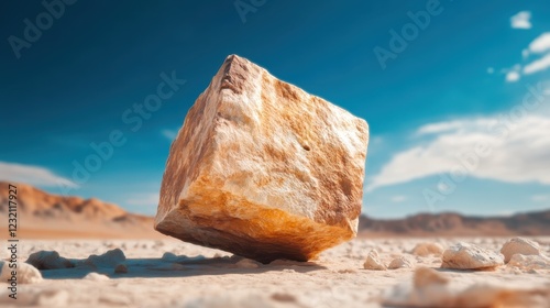 A large cube-shaped rock floating mysteriously over a desert landscape, delivering a surreal and abstract visual experience that triggers thoughts of natural phenomena and creativity. photo