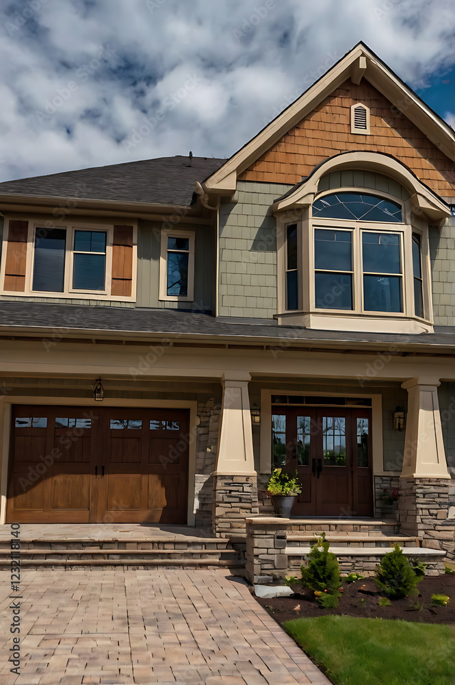Luxury Home Exterior: Modern Architectural Design with Stone and Wood Accents Luxury Home Exterior: Modern Architectural Design with Stone and Wood Accents