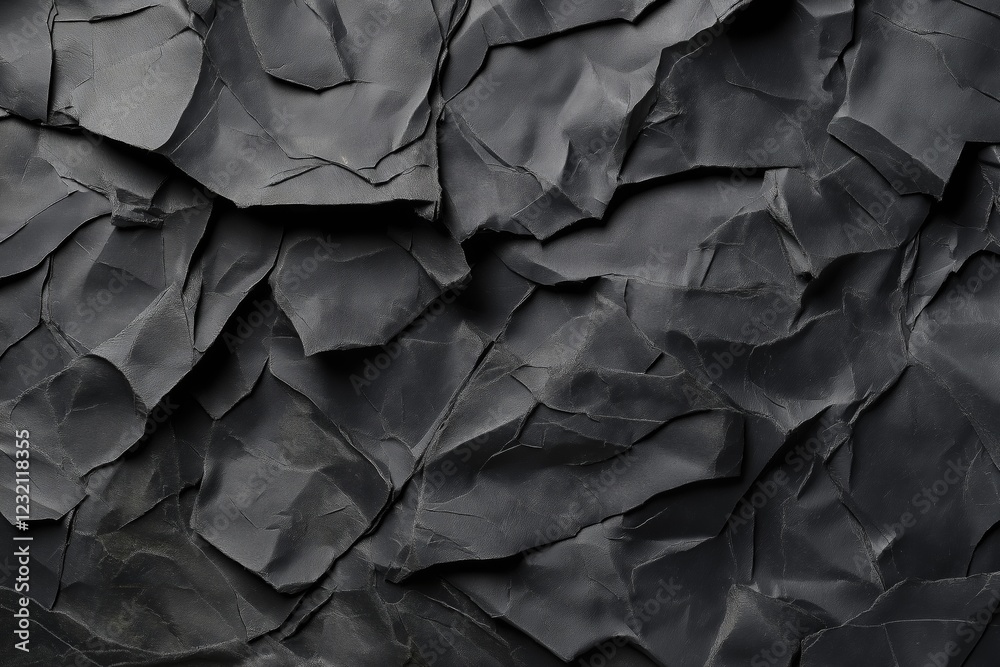 Crumpled black paper texture with deep folds and rough surface.