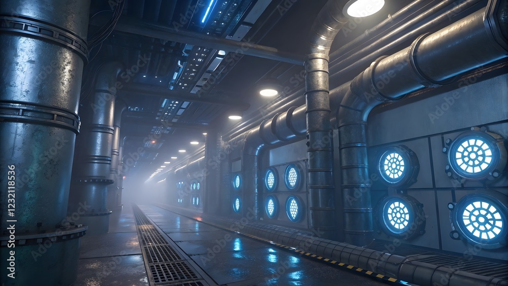 Obraz premium Futuristic Industrial Passage with Blue Lights and Metal Pipes