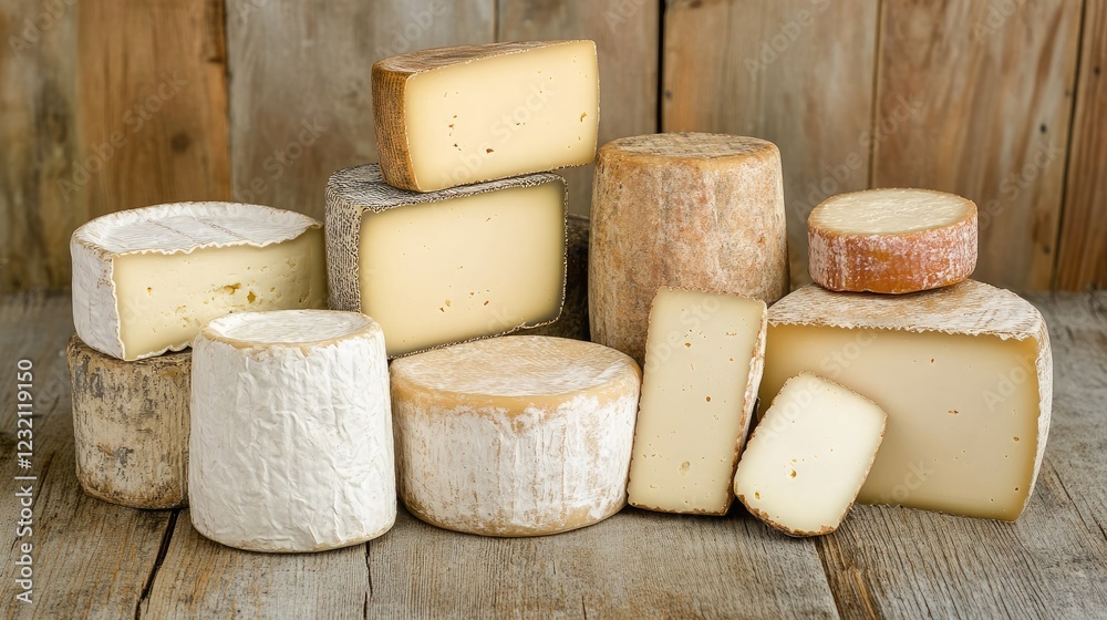 Fototapeta premium A visually appealing arrangement of handcrafted cheeses from a local dairy.