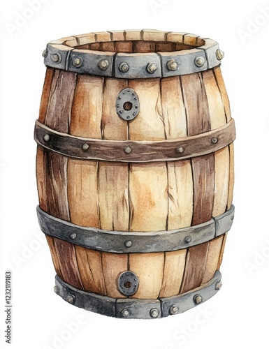 Watercolor painting of a rustic wooden barrel with metal bands and rivets.