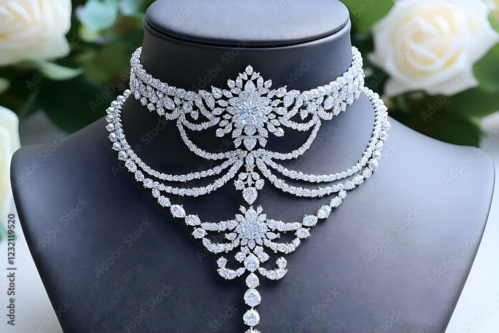 Diamond necklace display, floral background Diamond necklace display, floral background