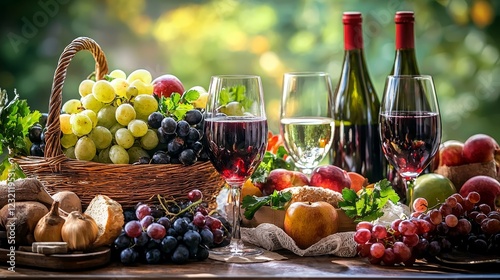 A picturesque display of autumn bounty, with wine bottles, fresh grapes, and other fruits, suggesting a relaxed and enjoyable moment.