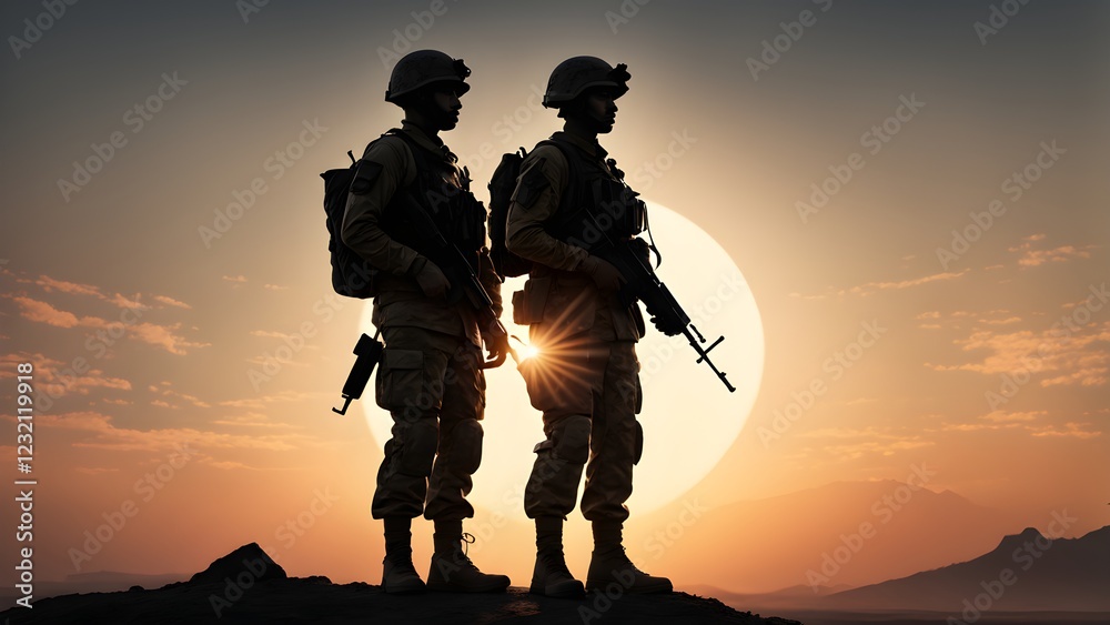 Silhouetted soldiers stand guard at sunset, their rifles held at the ready against a dramatic mountain backdrop.