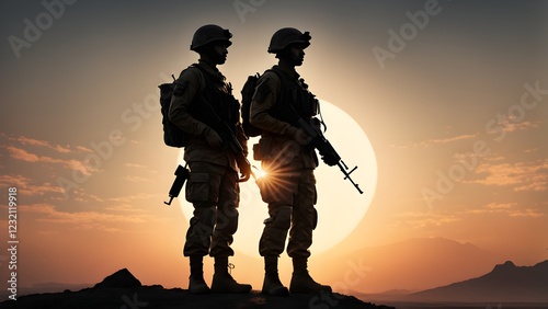 Obraz na płótnie Silhouetted soldiers stand guard at sunset, their rifles held at the ready against a dramatic mountain backdrop. w salonie