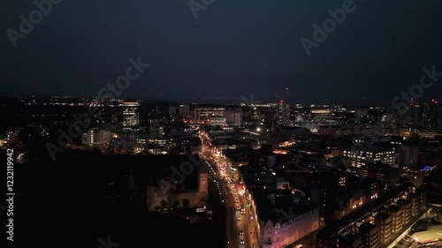 Cardiff City Center at Dusk with Traffic Flowing