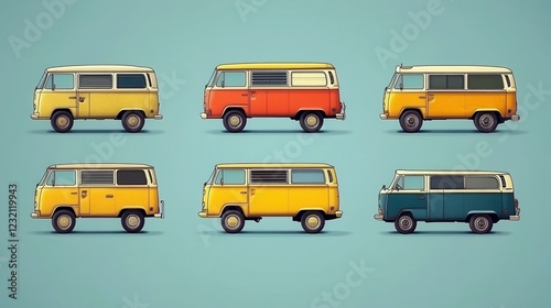 Pixel art illustration of six vintage vans in yellow, orange, and blue, displayed against a light teal background. The image features a variety of photo