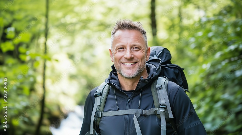 Happy man wearing jacket,stands on side of river,green mountains,hiking concept,copy space. Happy man wearing jacket,stands on side of river,green mountains,hiking concept,copy space.