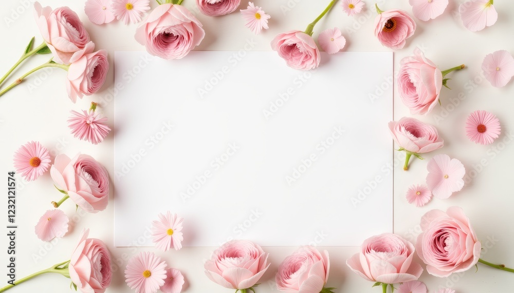 Delicate flower petals surrounding blank A4 paper, artistic composition Delicate flower petals surrounding blank A4 paper, artistic composition