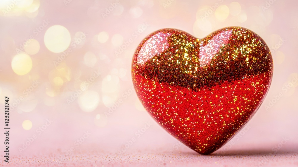 A red heart emoji with gold glitter, isolated on a pink background with space for text.