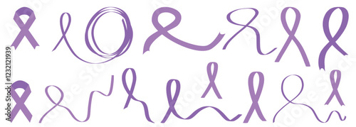 World cancer day banner with lavender purple ribbons. Hand drawn vector illustration in flat. February 4th international awareness cancer day design. Sticker, icon, print flyer. Set of purple ribbon