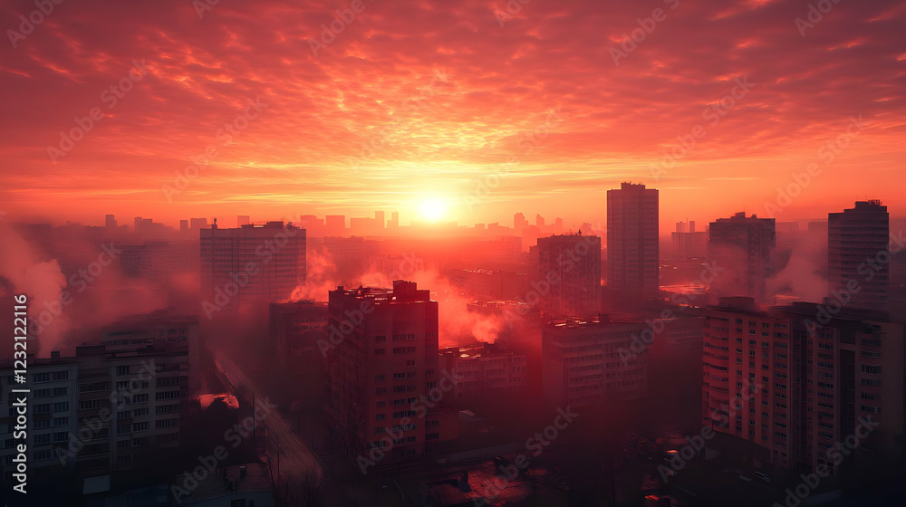 Obraz premium City sunrise, foggy cityscape, red sky, aerial view