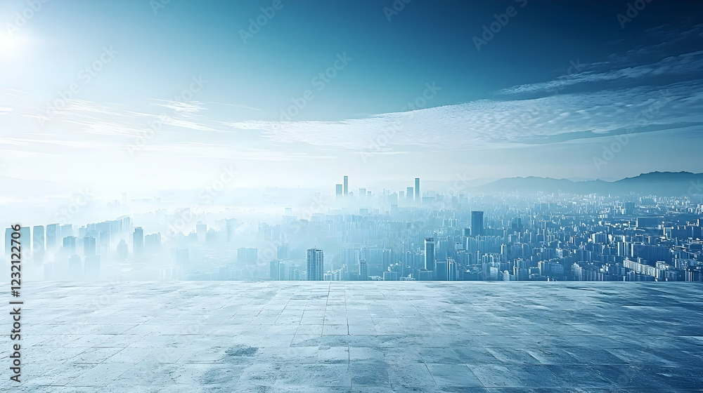 Cityscape sunrise, hazy view, empty plaza, urban background; website banner Cityscape sunrise, hazy view, empty plaza, urban background; website banner