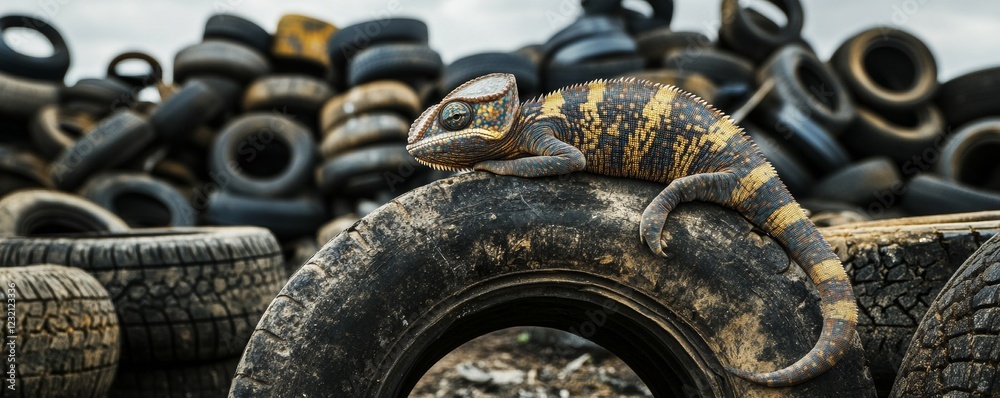 Chameleon resting on discarded tire in a landfill, environmental pollution concept Chameleon resting on discarded tire in a landfill, environmental pollution concept