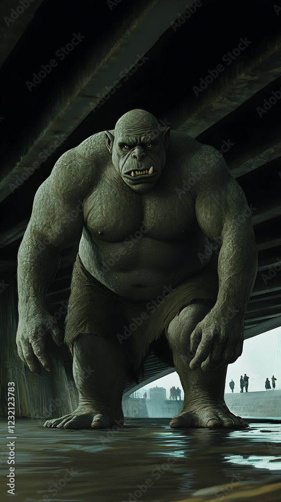 Fototapeta premium A large humanoid troll with stone-like skin, standing under a bridge, guarding it against intruders.