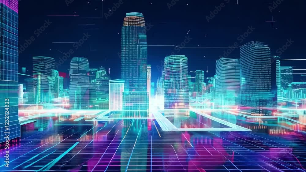 Digital city glowing at night in futuristic metaverse