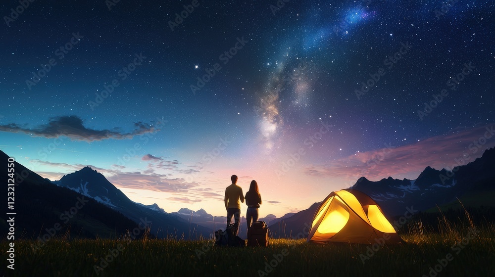 Naklejka premium A couple stargazing on a clear night in the mountains.