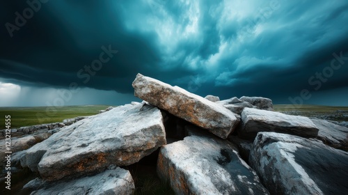 Vast, jagged rocks lay scattered beneath an ominous, stormy sky, highlighting nature's raw beauty and power, as brooding clouds invite a sense of foreboding and adventure. photo