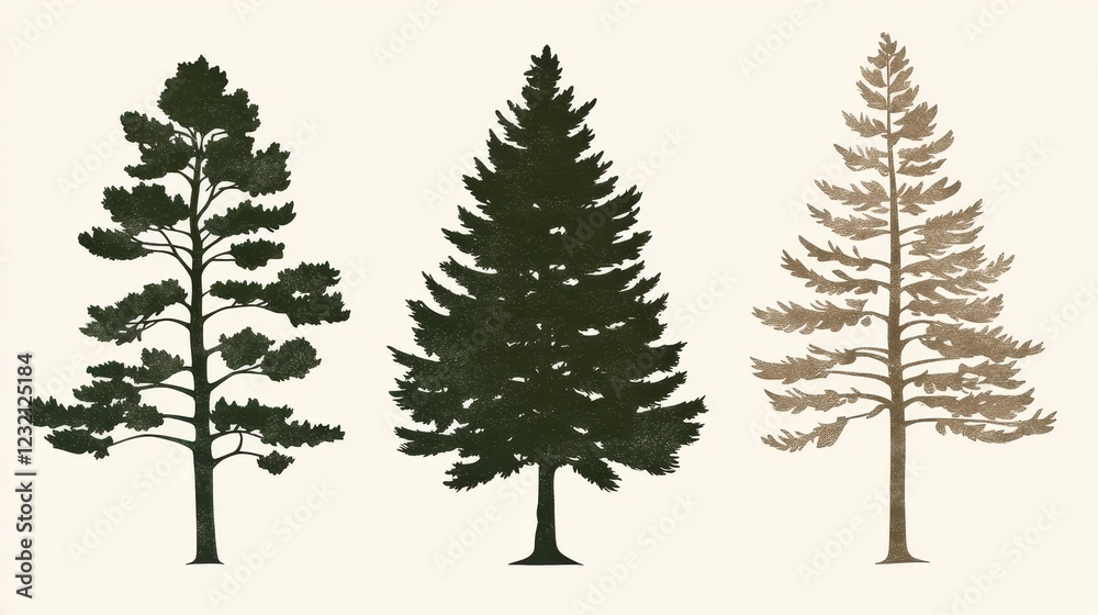 Fototapeta premium Three stylized evergreen trees in dark green and brown tones against a light background. Simple line art illustration of pine, fir, and spruce