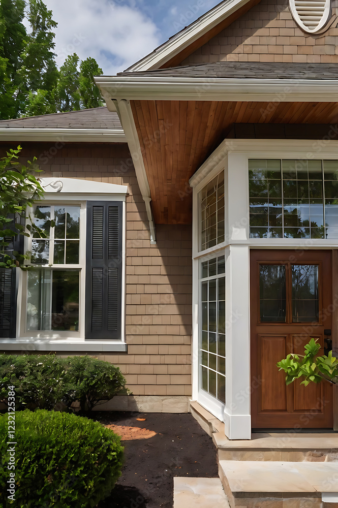 Elegant Home Exterior: Brown Shingle House with Stone Steps and Landscaping Elegant Home Exterior: Brown Shingle House with Stone Steps and Landscaping