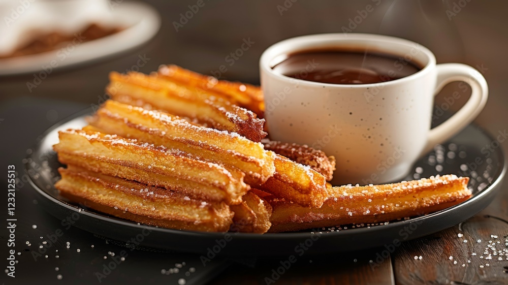 Churros with Chocolate: Golden-brown churros dusted with sugar, served alongside a cup of thick, rich hot chocolate for dipping. Churros with Chocolate: Golden-brown churros dusted with sugar, served alongside a cup of thick, rich hot chocolate for dipping.