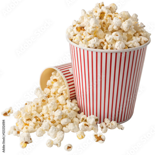 Realistic popcorn bucket with overflowing popcorn, isolated on transparent background, vector-style image for movie snacks and entertainment photo