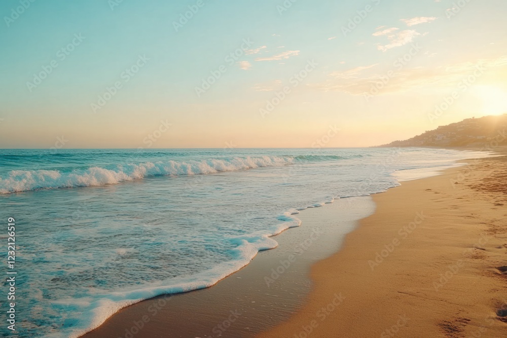 Serene twilight at the beach with gentle waves lapping on the golden shore in the early evening Serene twilight at the beach with gentle waves lapping on the golden shore in the early evening