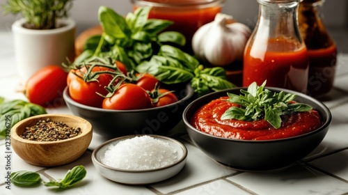 An artistic display of tomatoes, garlic, and vibrant herbs alongside a rich tomato sauce, inspiring imaginations and showcasing the beauty of culinary presentation. photo