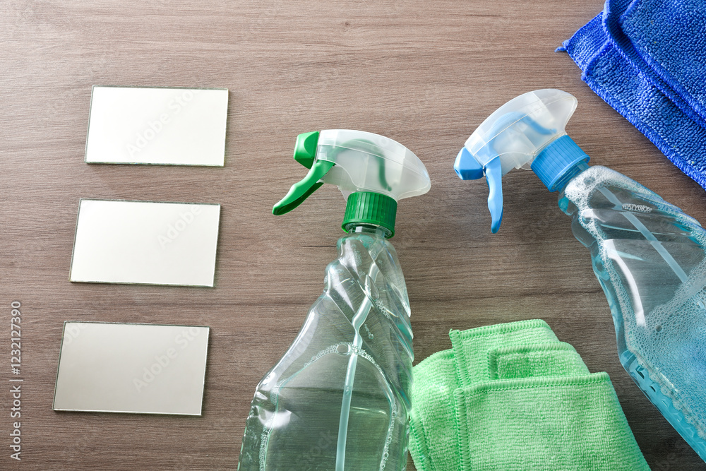 Φωτογραφία Cleaning products for furniture and and glass on wooden table