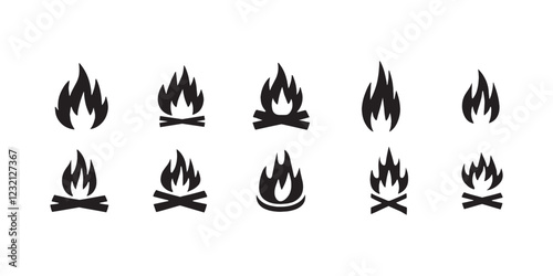 Fire & Campfire Silhouette Icons , Burning Flame Silhouette Vector Set ,Minimalist Fire Symbol Silhouettes ,Campfire & Blaze Silhouette Pack .