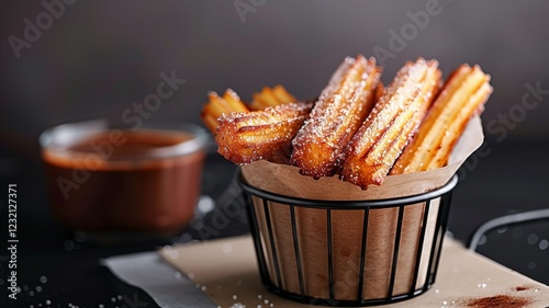 Churros with Chocolate: Golden-brown churros dusted with sugar, served alongside a cup of thick, rich hot chocolate for dipping.