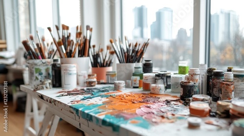 This image captures a detailed view of vibrant art supplies in a studio, emphasizing the tools of creativity and the joyful chaos of artistic expression in a bright space. photo