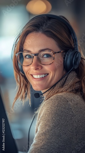 Young female telephone operator wearing headset and glasses  communicating with clients in bustling office workspace