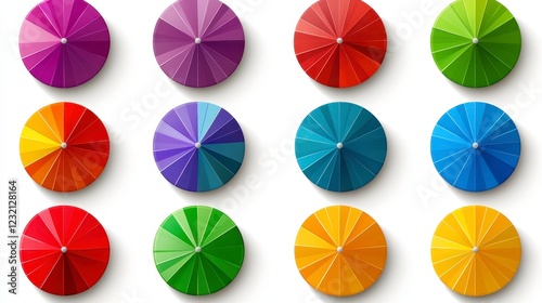 Overhead view of twelve colorful umbrellas arranged in a grid pattern on a white background. Each umbrella features a unique color scheme and subtle photo