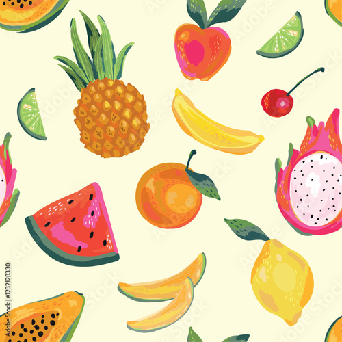 seamless vector pattern features a colorful assortment of tropical and citrus fruits, fresh and playful design perfect for textiles, wallpapers, or packaging